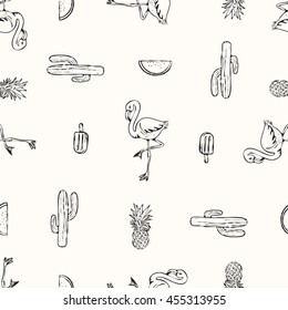Impresión tropical flamingo para camisetas, prendas de vestir, textiles o envolturas. Papel tapiz con elementos naturales y veraniegos en silueta en blanco y negro. El vector es transparente y repetible.