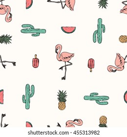 Impresión tropical flamingo para camisetas, prendas de vestir, textiles o envolturas. Papel pintado con elementos naturales y veraniegos en negro, blanco y varios colores. El vector es transparente y repetible.
