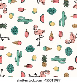 Impresión tropical flamingo para camisetas, prendas de vestir, textiles o envolturas. Papel pintado con elementos naturales y veraniegos en negro, blanco y varios colores. El vector es transparente y repetible.