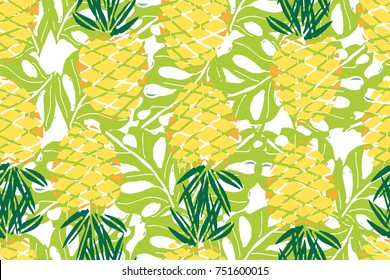 Hand Drawn Tropical Pattern With Monstera Leaves And Pineapples. Jungle Background  For Textile Or Book Covers, Manufacturing, Wallpapers, Print, Gift Wrap And Scrapbooking.