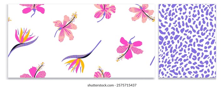 Hand drawn tropical patterns with flower hibiscus, Strelitzia reginae and leopard fur. Hawaiian exotic template. Aloha vector for fabric, wallpaper, cover, textile. 