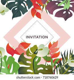 Hand drawn Tropical plant, Heliconia, palm, Anthurium and split leaf Philodendron, invitation card design