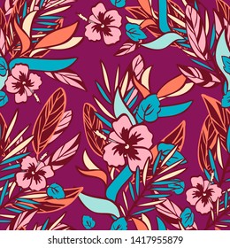 Hand drawn tropical plants and flowers in doodle style on maroon background. Vector seamless pattern.