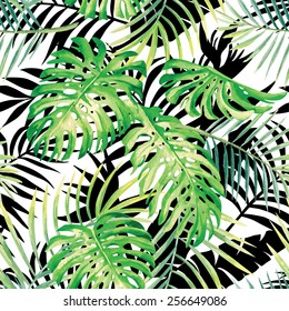 Hand drawn tropical plants watercolor seamless vector pattern monstera leaf and palm, black and white leaves silhouette background