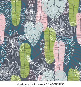 Hand drawn tropical plants.Vector seamless pattern