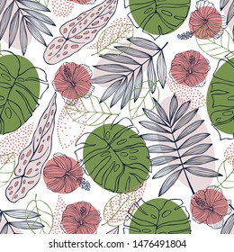 Hand drawn tropical plants.Vector seamless pattern