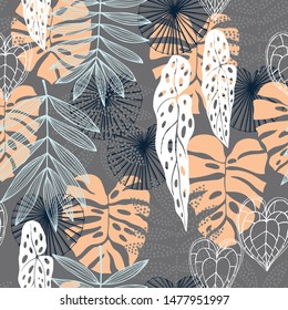 Hand drawn tropical plants.Vector seamless pattern