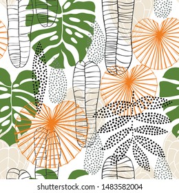 Hand drawn tropical plants.Vector seamless pattern