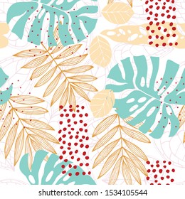 Hand drawn tropical plants.Vector seamless pattern