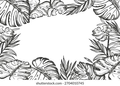 handgezeichneter tropischer Regenwaldbaum, Vektorpalmenblätter, Gestell aus schwarz-weißem Laub, exotische Dschungelbusch-Pflanze, Blumendekorationsvorlage, Linie Kunst Strandpalme für Speicher, Textildekoration