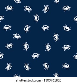 Hand drawn tropical seamless background pattern with  Crab silhouette. Vector illustration isolated on blue background. Abstract Summer vintage background