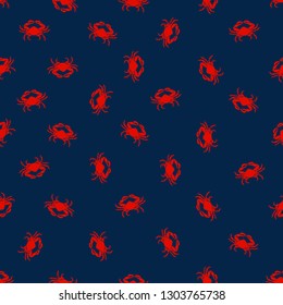 Hand drawn tropical seamless background pattern with red Crab silhouette. Vector illustration isolated on blue background. Summer vintage background