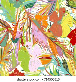 Hand Drawn Tropical Seamless Background With Banana Leaves And Exotic Flowers. Jungle Pattern  For Textile Or Book Covers, Manufacturing, Wallpapers, Print, Gift Wrap And Scrapbooking.