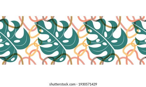 Borde tropical sin costuras dibujado a mano. Ilustración dibujada a mano vectora, hoja verde transparente de monstera, formas abstractas en paleta rosa neutra. Fondo blanco