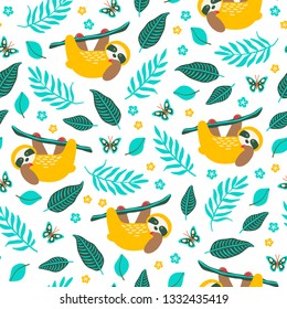 Hand drawn tropical seamless pattern with sloth, palm branches, leaves, butterflies and flowers on white background. Perfect for textile, paper, greeting cards, summer party decorations. 