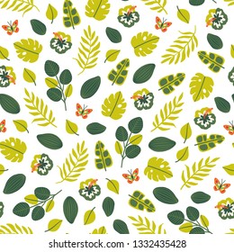 Hand drawn tropical seamless pattern with palm branches, leaves, exotic flowers and butterflies on white background. Perfect for textile, paper, greeting cards, summer party decorations. 
