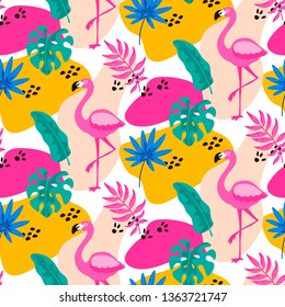 Hand drawn tropical seamless pattern with palm tree, monster leaves and pink flamingo on white background. Vector illustration