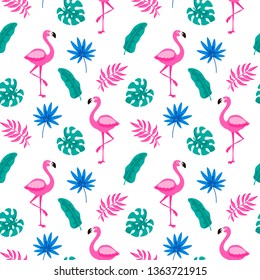 Hand drawn tropical seamless pattern with palm tree, monster leaves and pink flamingo on white background. Vector illustration