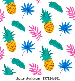 Hand drawn tropical seamless pattern with palm tree leaves and pineapple isolated on white background. Vector illustration