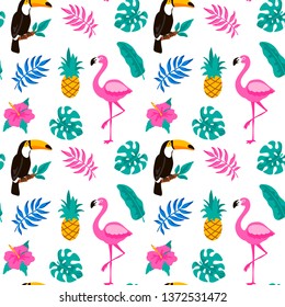 Hand drawn tropical seamless pattern with palm tree, monstera leaves, toucan and pink flamingo on white background. Vector illustration