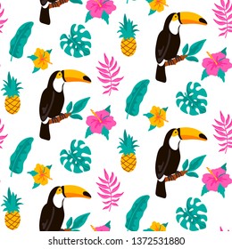 Hand drawn tropical seamless pattern with toucan, palm tree, monstera leaves on white background. Vector illustration