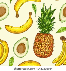 Hand drawn tropical seamless pattern with pineapple, avocado and bananas. Vector background.
