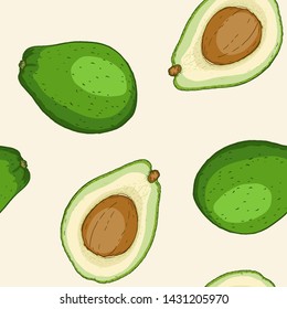 Hand drawn tropical seamless pattern with avocado fruit. Vector background