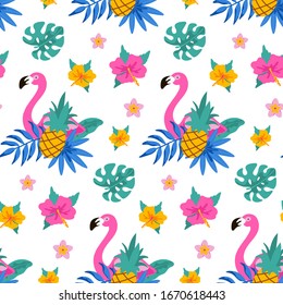 Hand drawn tropical seamless pattern with flamingo, palm tree, monstera leaves and pineapple on white background. Vector illustration