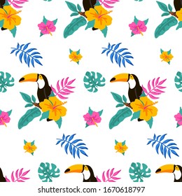 Hand drawn tropical seamless pattern with toucan, palm tree, monstera leaves and tropical flowers on white background. Vector illustration