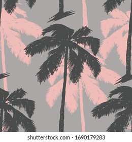 Hand drawn tropical seamless pattern. Palm tree background, doodle illustration. Vector illustration. Seamless pattern.