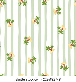 Hand drawn tropical seamless pattern with random green island and palm tree ornament. Striped background. Designed for fabric design, textile print, wrapping, cover. Vector illustration.