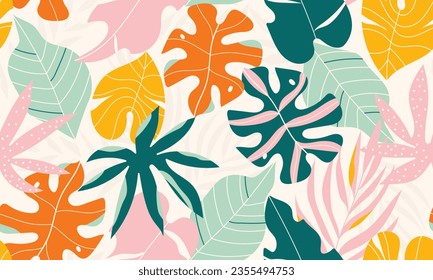 Patrón tropical sin costuras dibujado a mano. Exótico abstracto de varias hojas de arte vectorial. Impresión botánica en estilo boho. La jungla moderna. Follaje multicolor para decoración interior, medios sociales, tejidos, cosméticos 