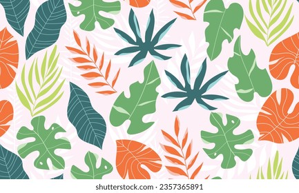 Hand drawn tropical seamless pattern. Exotic abstract various leaves vector art. Botanical print in boho style. Modern jungle. Multicolored foliage for interior decor, social media, fabrics, cosmetic 