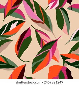 Hand drawn tropical seamless pattern, holiday and summer time, colorful style, natural ornaments for textile, fabric, wall art, wallpaper, poster and decor background.