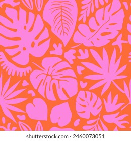 Hand drawn tropical seamless pattern, holiday and summer time, colorful style, natural ornaments for textile, fabric, wall art, wallpaper, poster and decor background.