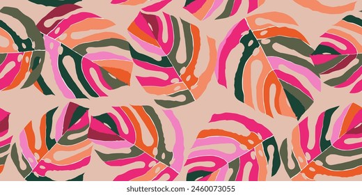 Hand drawn tropical seamless pattern, holiday and summer time, colorful style, natural ornaments for textile, fabric, wall art, wallpaper, poster and decor background.