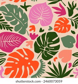 Hand drawn tropical seamless pattern, holiday and summer time, colorful style, natural ornaments for textile, fabric, wall art, wallpaper, poster and decor background.