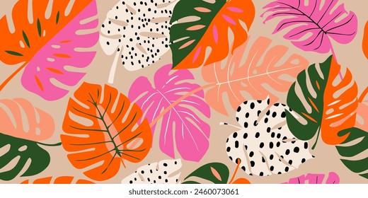 Hand drawn tropical seamless pattern, holiday and summer time, colorful style, natural ornaments for textile, fabric, wall art, wallpaper, poster and decor background.