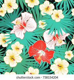Hand drawn tropical seamless pattern with hibiscus flowers and palm leaves.  Tropical  decor for wallpaper, paper, textile, apparel, natural cosmetic products, food packaging and more. 
