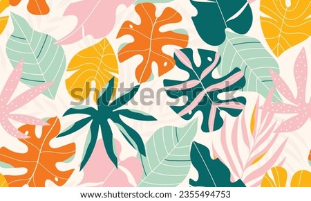 Hand drawn tropical seamless pattern. Exotic abstract various leaves vector art. Botanical print in boho style. Modern jungle. Multicolored foliage for interior decor, social media, fabrics, cosmetic 