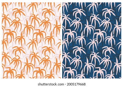 Hand Drawn Tropical Seamless Vector Patterns. Orange and Pink Exotic Palm Trees Isolated on a Light Pink and Dark Blue Background. Simple Infantile Style Abstract Tropical Forest ideal for Fabric.