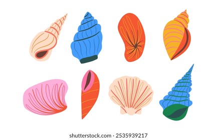 Conjunto de conchas tropicales dibujadas a mano. Este conjunto de ocho conchas marinas vibrantes y estilizadas captura una gama de Formas únicas y colores atrevidos. Ideal para proyectos de playa y temáticos oceánicos