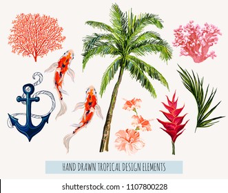 Hand drawn tropical set illustration of summer vibes red corals, anchor, coconut leaf  and palm tree, koi fish, hibiscus heliconia  flowers. Isolated  on white background.