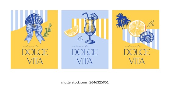 Banner de esboço tropical desenhado à mão. A vibração de verão Dolce Vita. Colagem de estilo misto de ilustração vetorial
