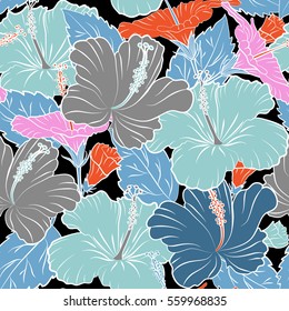 Hand drawn tropical sketch. Creative universal floral pattern in orange, blue and gray colors. Vector seamless pattern of hibiscus flowers on a black. Ideal for web, card, poster, fabric or textile.