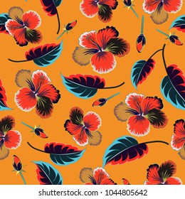 Hand Drawn tropical style texture. Vector seamless pattern of hibiscus flowers. Ideal for web, card, poster, fabric or textile. Creative universal floral pattern in gray, orange and red colors.