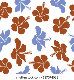 Hand Drawn tropical style texture. Ideal for printing, fabric or textile. Creative universal floral pattern in blue, brown and beige colors. Vector seamless pattern of hibiscus flowers on a white.