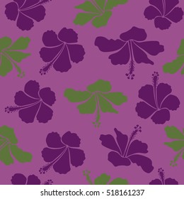 Hand Drawn tropical style texture. Creative universal floral pattern in green and purple colors. Vector seamless pattern of hibiscus flowers. Ideal for web, card, poster, fabric or textile.