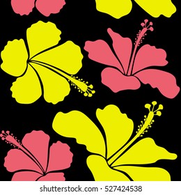 Hand Drawn tropical style texture. Ideal for web, card, poster, fabric or textile. Creative universal floral pattern in pink and yellow colors. Vector seamless pattern of hibiscus flowers on a black.