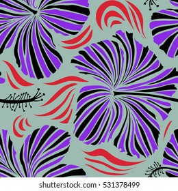 Hand Drawn tropical style texture. Vector seamless pattern of hibiscus flowers. Ideal for web, card, poster, fabric or textile. Creative universal floral pattern in neutral and violet colors.